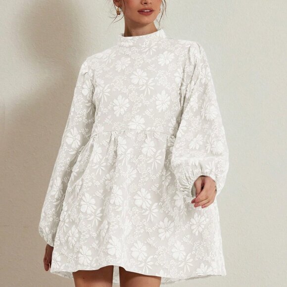 White Elegant Women's Textured Floral Lantern Sleeve A-Line Mini Skirt - Picture 6 of 6